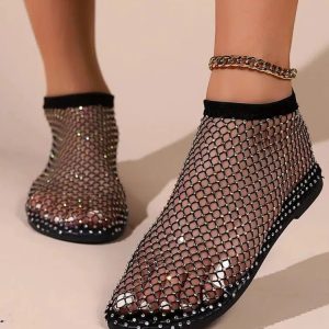 Rhinestone Fishnet Ballerina Flats for Y2K Fashion & Summer Outfits