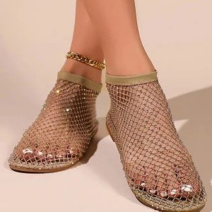 Rhinestone Fishnet Ballerina Flats for Y2K Fashion & Summer Outfits