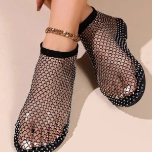 Rhinestone Fishnet Ballerina Flats for Y2K Fashion & Summer Outfits