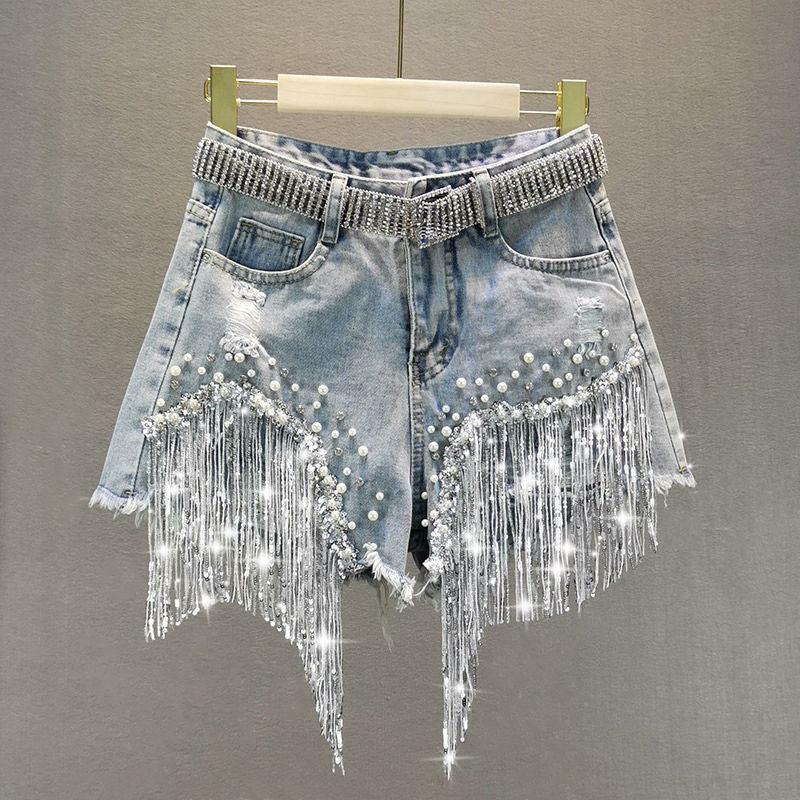 Rhinestone Fringe Denim Shorts: Y2K Cowgirl Style for Summer Vibes