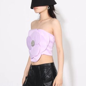 Rhinestone Zip-Up Strapless Top for Y2K Summer Outfits & 90s Fashion