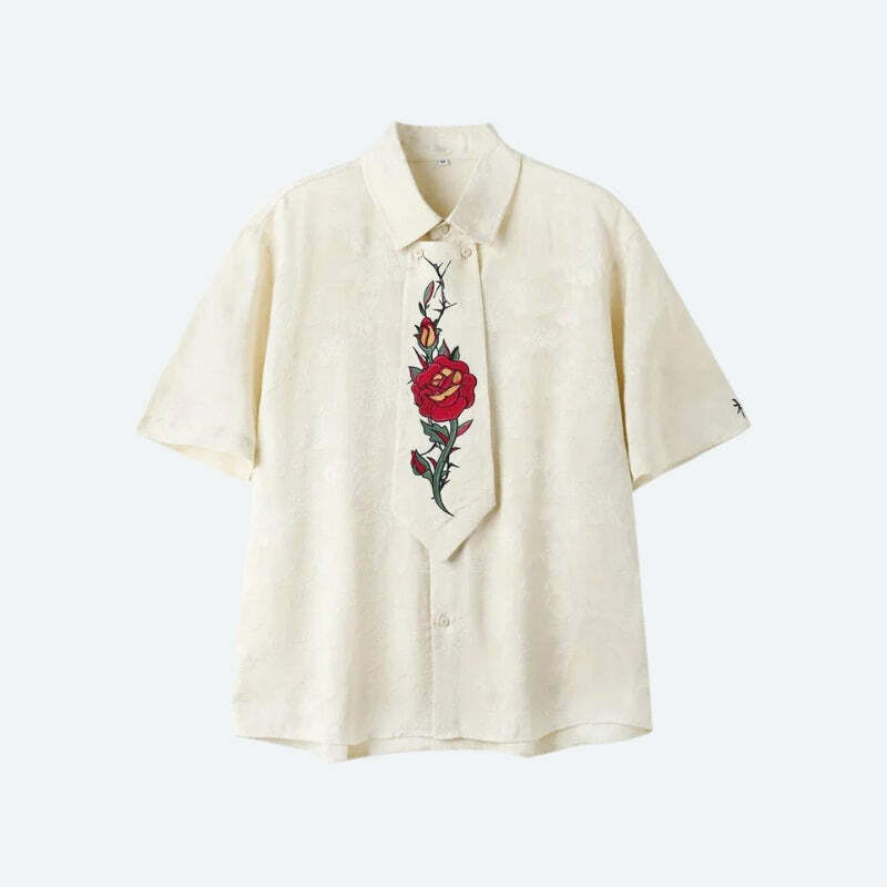 Rose Embroidery Tie Shirt: Y2K Fashion Meets 90s Aesthetic Style