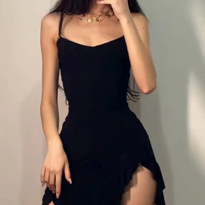 Ruffled Slit Bodycon Mini Dress - Y2K Summer Fashion Essential