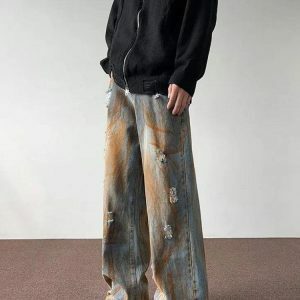 Rusty Pattern Wide Leg Jeans: Embrace Y2K Fashion with 90s Vibes