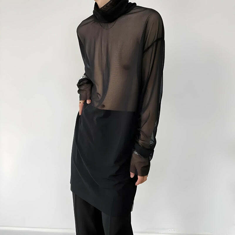 Sheer Mesh Turtle Neck Top - Y2K Fashion Essential for Chic Summer Outfits