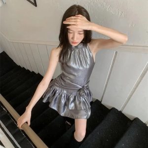 Shiny Y2K Metallic Mini Dress for a Glam Summer Night Out