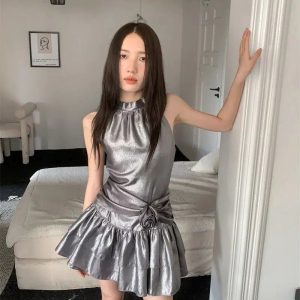 Shiny Y2K Metallic Mini Dress for a Glam Summer Night Out