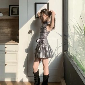 Shiny Y2K Metallic Mini Dress for a Glam Summer Night Out