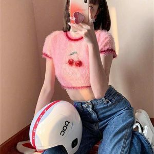 Soft Girl Cherry Fluffy Crop Top - Y2K Aesthetic Summer Essential