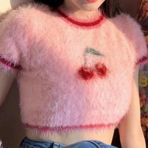 Soft Girl Cherry Fluffy Crop Top - Y2K Aesthetic Summer Essential