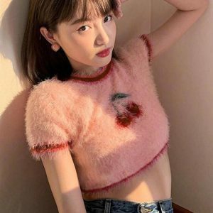 Soft Girl Cherry Fluffy Crop Top - Y2K Aesthetic Summer Essential