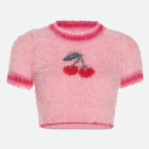 Soft Girl Cherry Fluffy Crop Top - Y2K Aesthetic Summer Essential