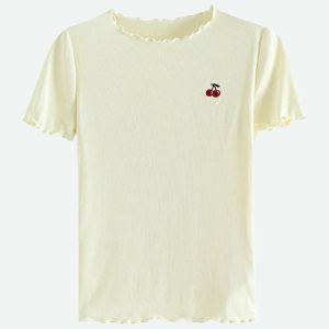 Soft Girl Cherry Lettuce Edge Tee - Y2K Aesthetic Summer Top