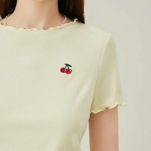 Soft Girl Cherry Lettuce Edge Tee - Y2K Aesthetic Summer Top