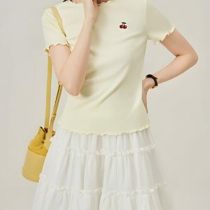 Soft Girl Cherry Lettuce Edge Tee - Y2K Aesthetic Summer Top