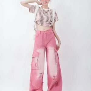 Soft Girl Distressed Cargo Pants: Y2K Fashion Meets Grunge Aesthetic