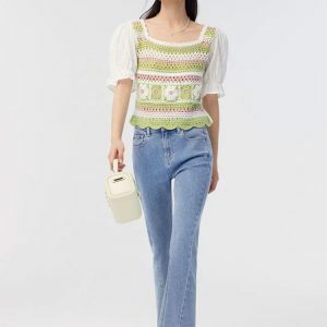 Soft Girl Floral Hollow Out Knitted Top - Y2K Aesthetic Summer Style