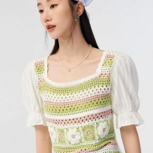 Soft Girl Floral Hollow Out Knitted Top - Y2K Aesthetic Summer Style