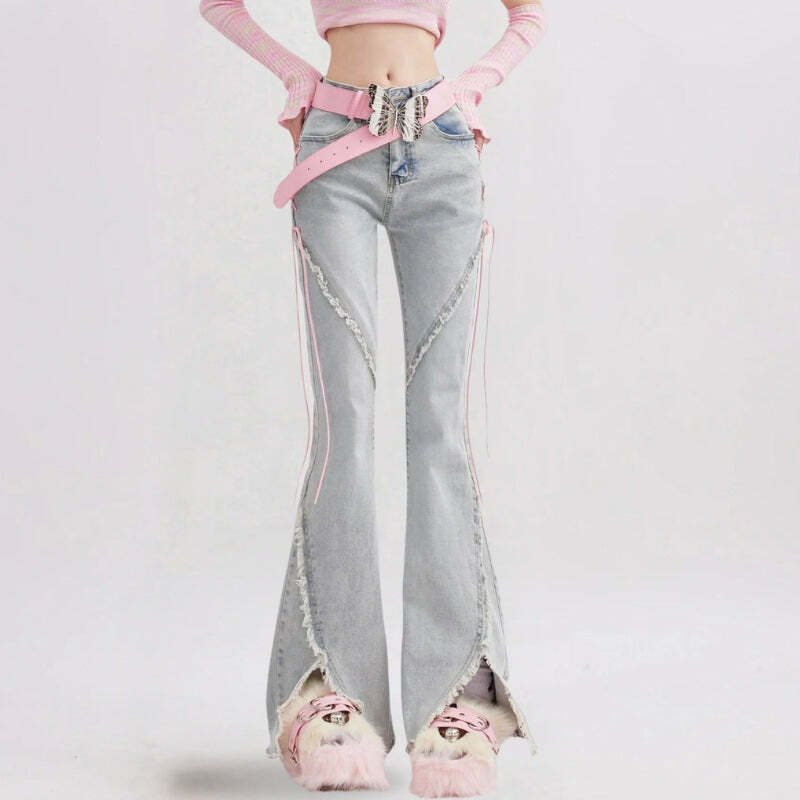 Soft Girl Lace-Up Slit Flare Jeans for Y2K Fashion & Grunge Aesthetic