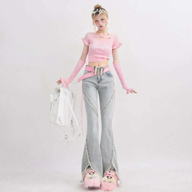 Soft Girl Lace-Up Slit Flare Jeans for Y2K Fashion & Grunge Aesthetic