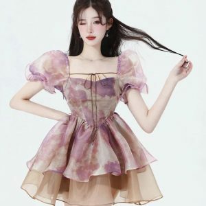 Soft Girl Puff Sleeve Layered Mini Dress - Y2K Aesthetic Summer Style