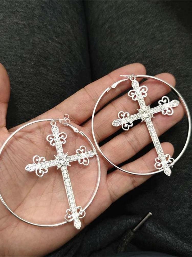 Sparkle Cross Hoop Earrings - Y2K Aesthetic Jewelry for Trendy Outfits