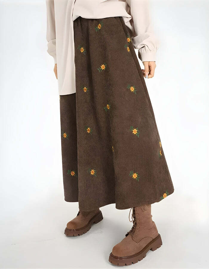 Sunflower Embroidered Y2K Corduroy Maxi Skirt for Trendy Summer Vibes