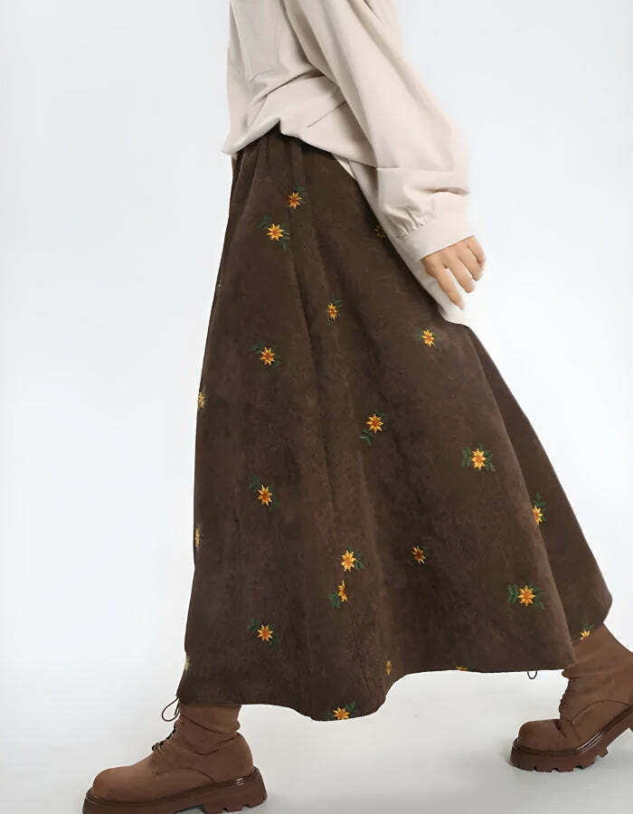 Sunflower Embroidered Y2K Corduroy Maxi Skirt for Trendy Summer Vibes