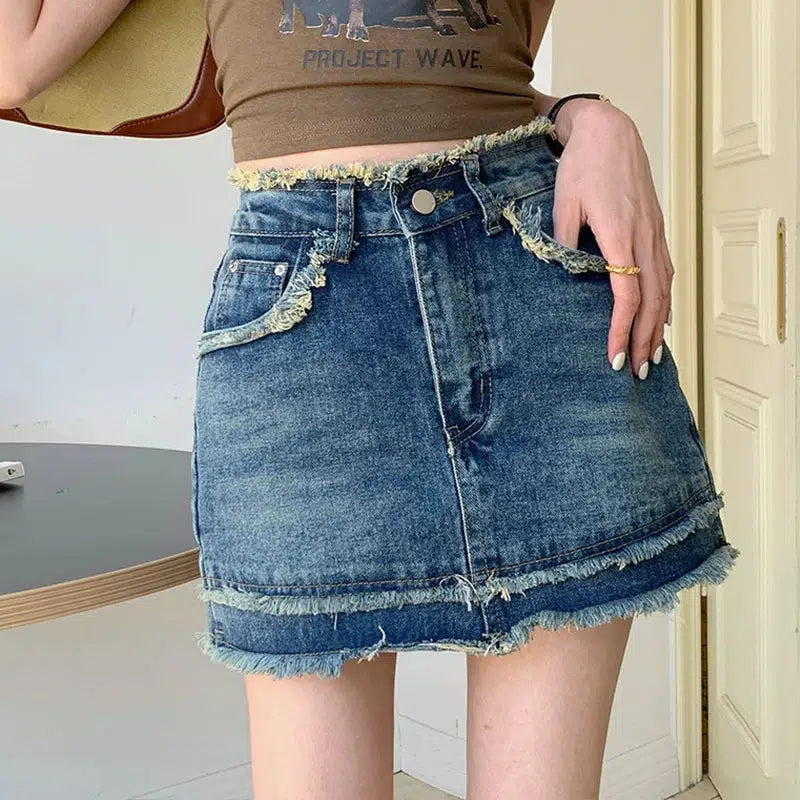 Tasseled Denim Mini Skort - Y2K Summer Outfit for Trendy Aesthetic Looks