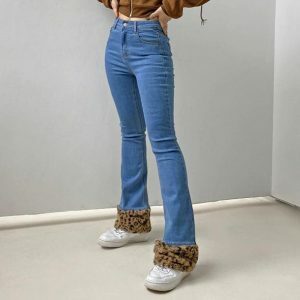 Trendy 90s Leopard Print Cuffed Jeans for Y2K Fashion Lovers