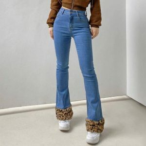 Trendy 90s Leopard Print Cuffed Jeans for Y2K Fashion Lovers