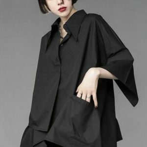 Trendy Black Korean Asymmetric Shirt for Y2K Fashion Lovers