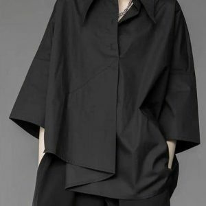 Trendy Black Korean Asymmetric Shirt for Y2K Fashion Lovers