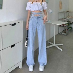 Trendy Cross Waist Jeans: Y2K Fashion Must-Have for Effortless Style