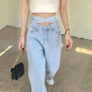 Trendy Cross Waist Jeans: Y2K Fashion Must-Have for Effortless Style