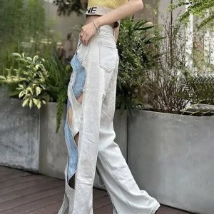 Trendy Cut Out Patch Denim Jeans for Y2K and 90s Fashion Lovers