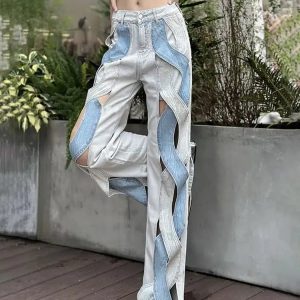 Trendy Cut Out Patch Denim Jeans for Y2K and 90s Fashion Lovers