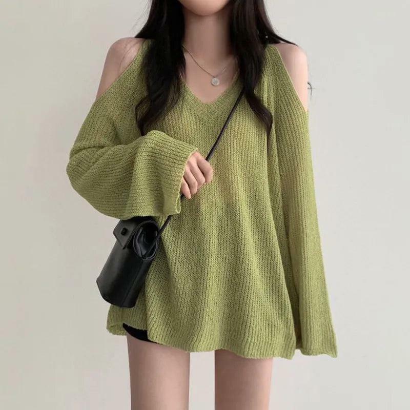 Trendy Cut-Out Shoulder Knit Sweater for Y2K and 90s Fashion Lovers