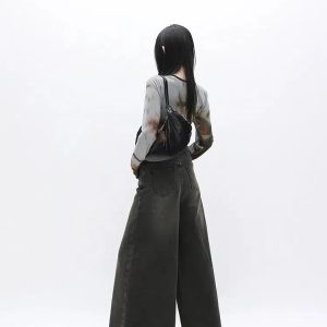 Trendy Dark Wash Distressed Wide Leg Jeans for Y2K and 90s Fashion