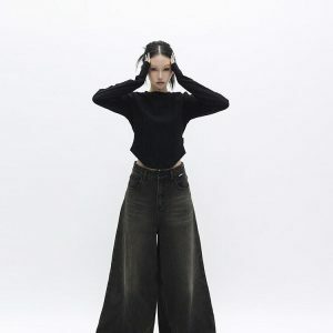 Trendy Dark Wash Distressed Wide Leg Jeans for Y2K and 90s Fashion