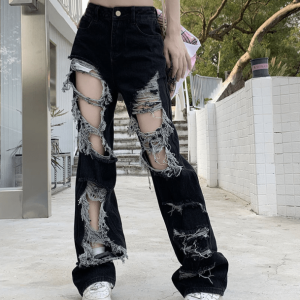 Trendy Distressed Black Baggy Jeans for Y2K and 90s Fashion Lovers