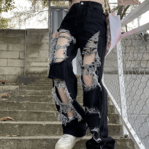 Trendy Distressed Black Baggy Jeans for Y2K and 90s Fashion Lovers