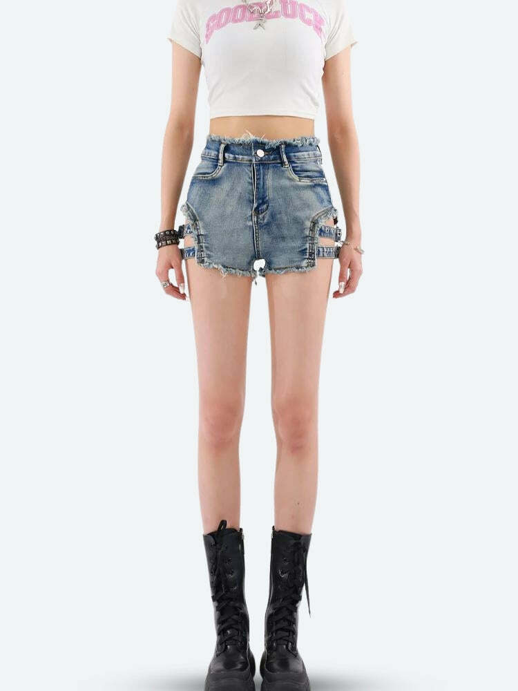 Trendy Distressed Cut Out Denim Shorts for Y2K and 90s Fashion Lovers