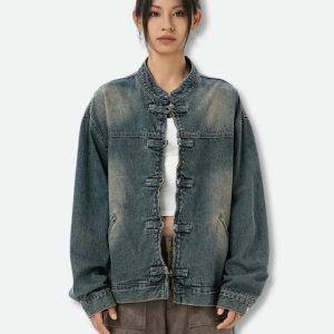 Trendy Distressed Denim Jacket for Y2K Fashion and Grunge Aesthetic