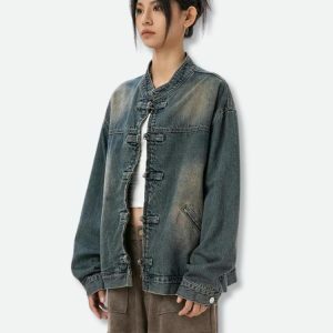 Trendy Distressed Denim Jacket for Y2K Fashion and Grunge Aesthetic