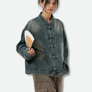 Trendy Distressed Denim Jacket for Y2K Fashion and Grunge Aesthetic