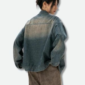 Trendy Distressed Denim Jacket for Y2K Fashion and Grunge Aesthetic