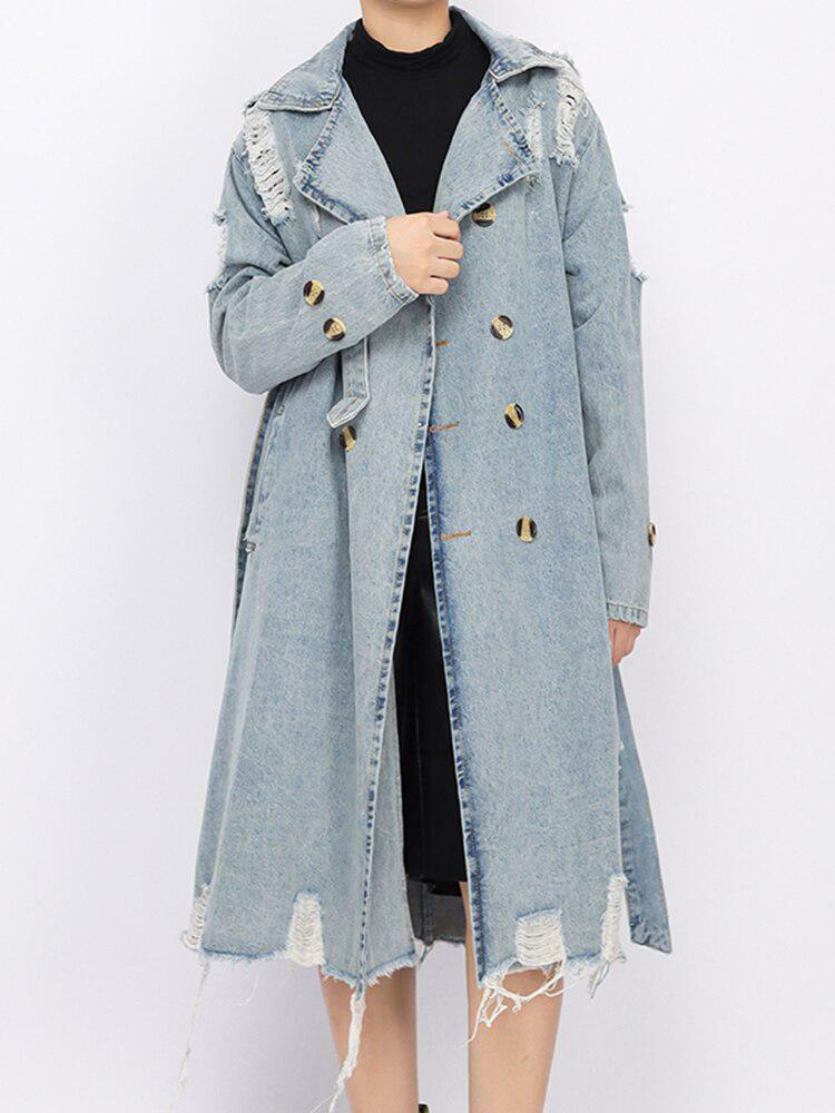 Trendy Distressed Denim Trench Coat for Y2K and 90s Fashion Lovers