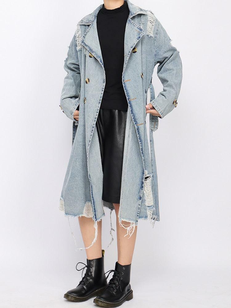 Trendy Distressed Denim Trench Coat for Y2K and 90s Fashion Lovers