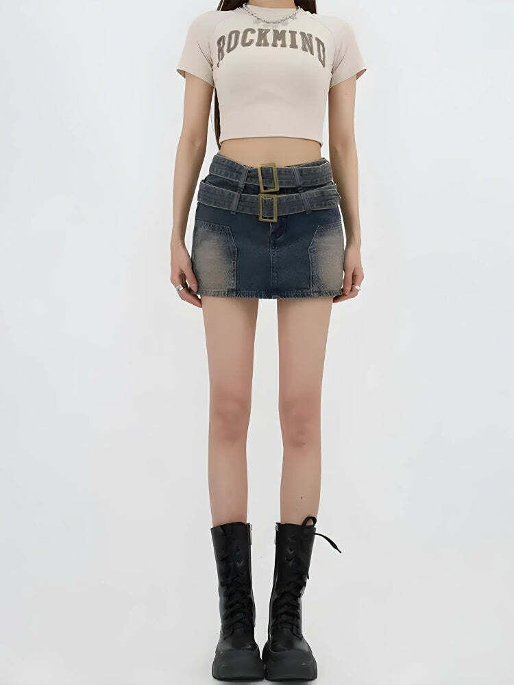 Trendy Double Belted Denim Mini Skort for Y2K Summer Outfits